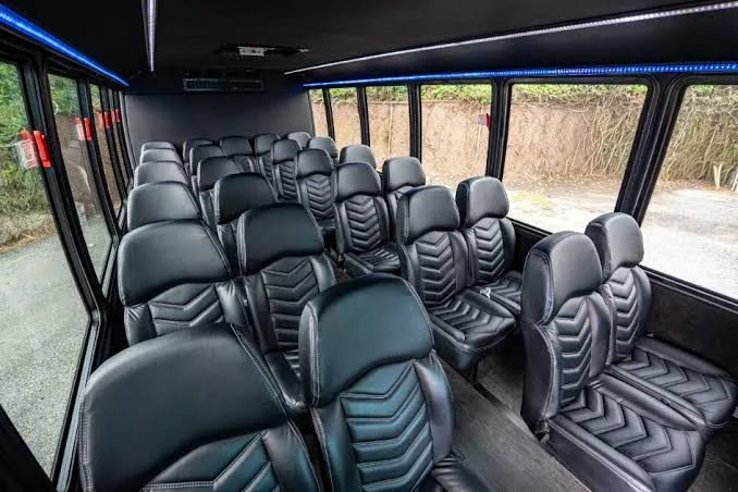 Interior of a 27 passenger shuttle bus with leather seats in the Bay Area