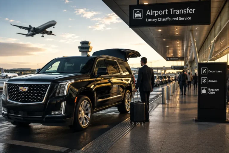 Chauffeur loading luggage into a black Cadillac Escalade for a Bay Area airport transfer