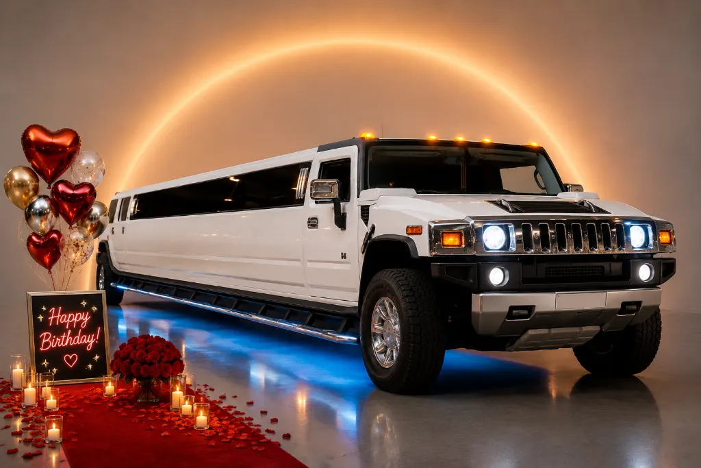 White Hummer stretch limo decorated for a birthday - San Francisco birthday limo