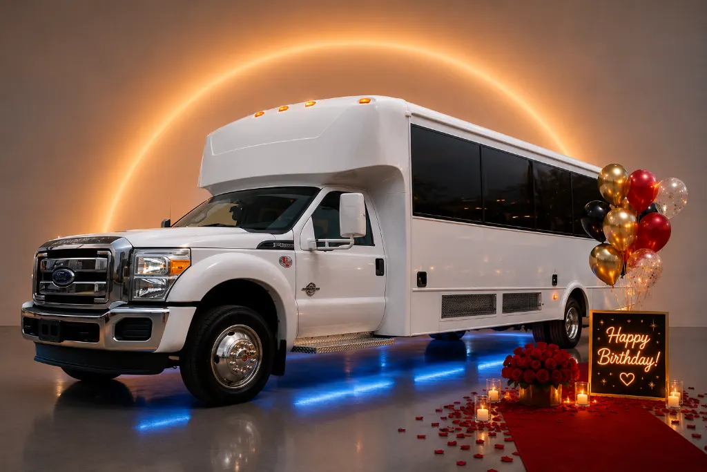 White birthday party bus with balloons - Bay Area birthday party bus rental