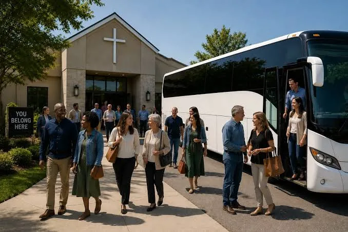 Charter bus picking up a church group for a Bay Area church event