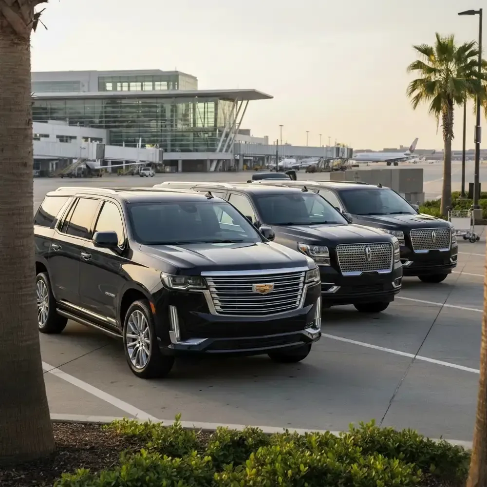 Fleet of black Cadillac Escalade SUVs for executive FBO airport transfers