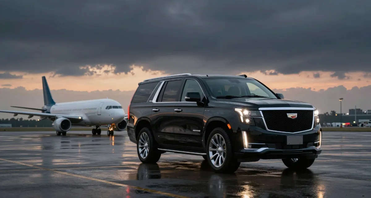 Black Cadillac Escalade waiting beside a private jet for FBO limo service in the Bay Area