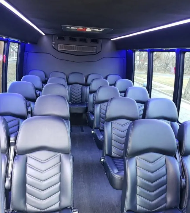 Mini coach interior with reclining leather seats and LED lighting