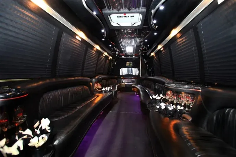 Party bus interior with leather seating and lights for Bay Area rentals
