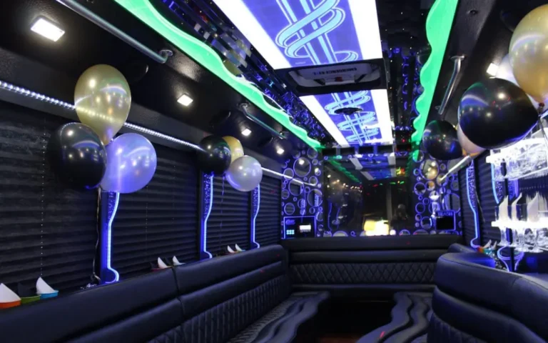 Party bus interior with LED lights and balloons for prom in the Bay Area