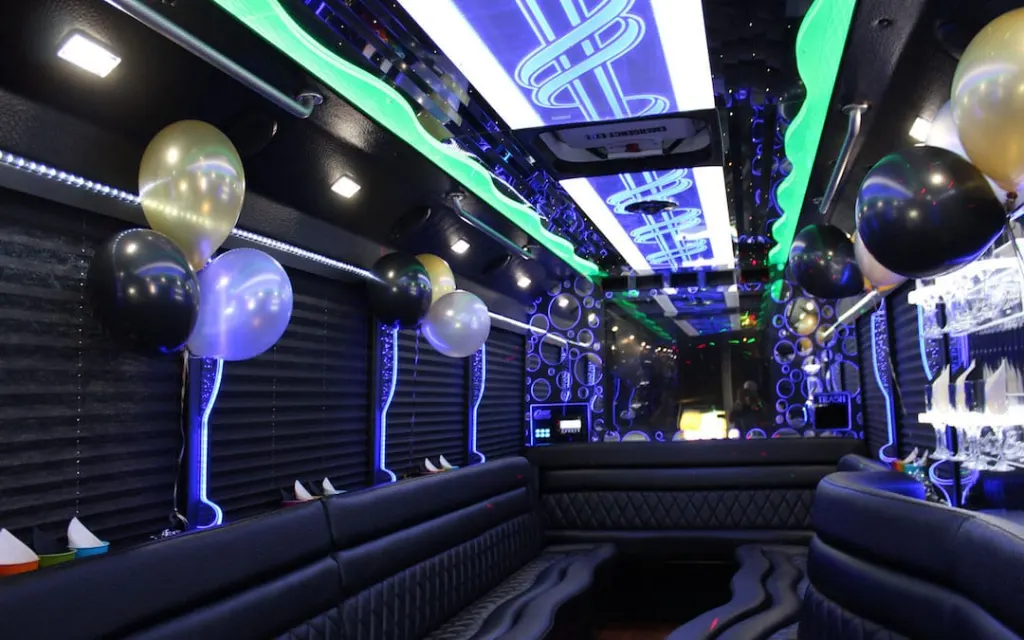 Party bus interior with LED lights and balloons for prom in the Bay Area