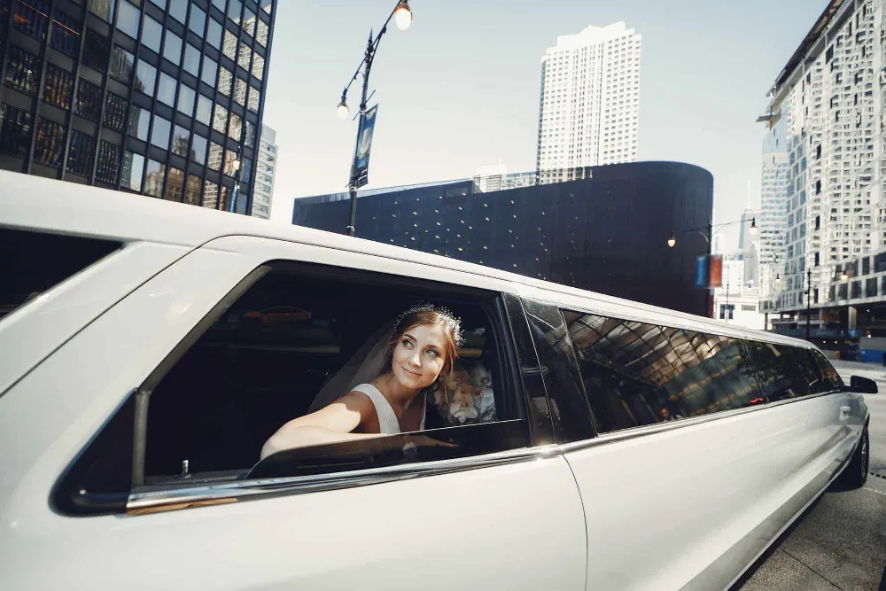 Bride arriving for a Bay Area wedding with group transportation