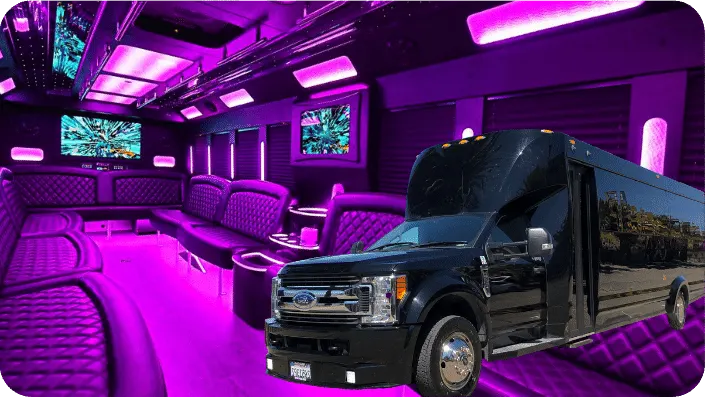 Black party bus beside a view of its pink LED lounge interior
