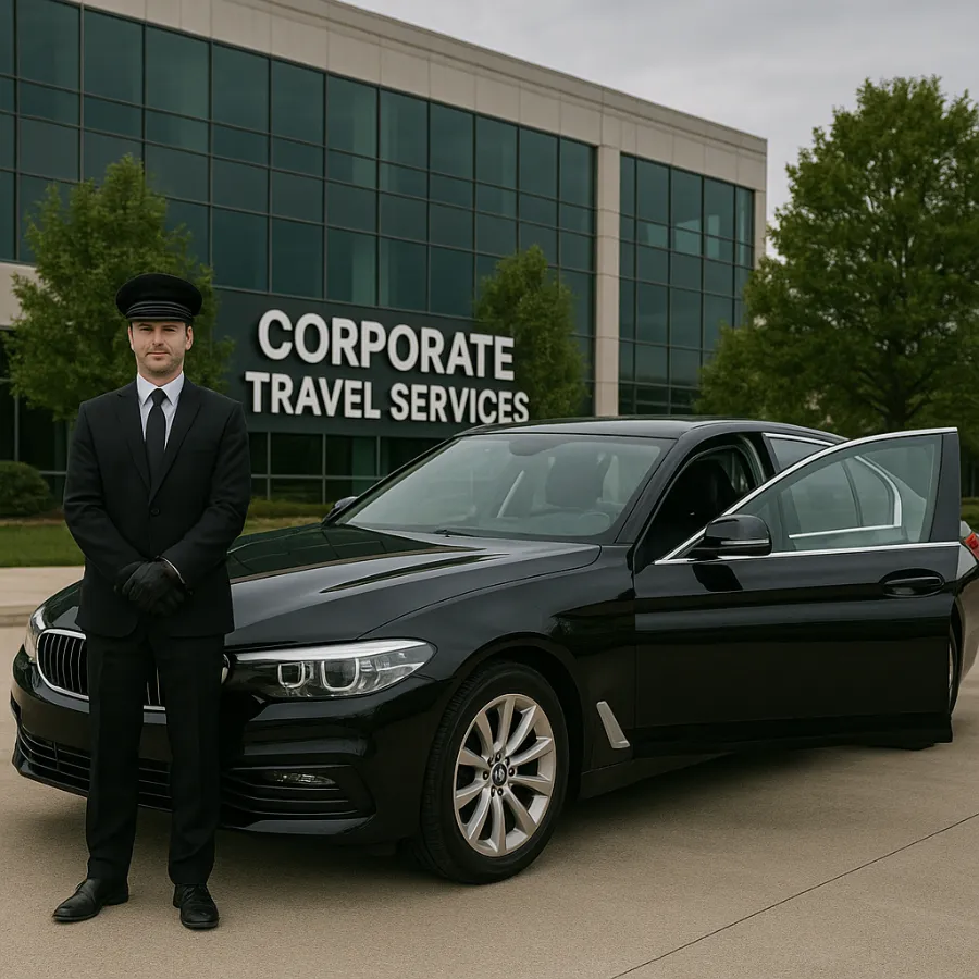 Chauffeur standing beside a black luxury sedan outside an office building