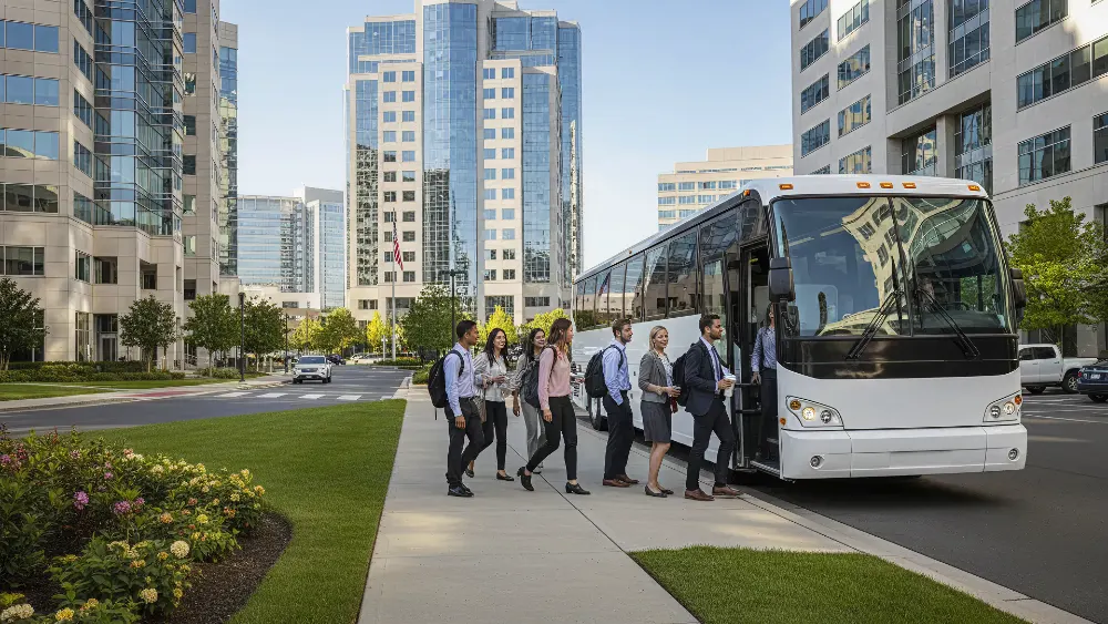 Business travelers boarding a white motor coach in a downtown office district