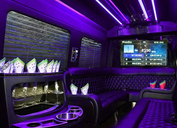 Limo Sprinter interior with purple lighting, a TV screen and bar area