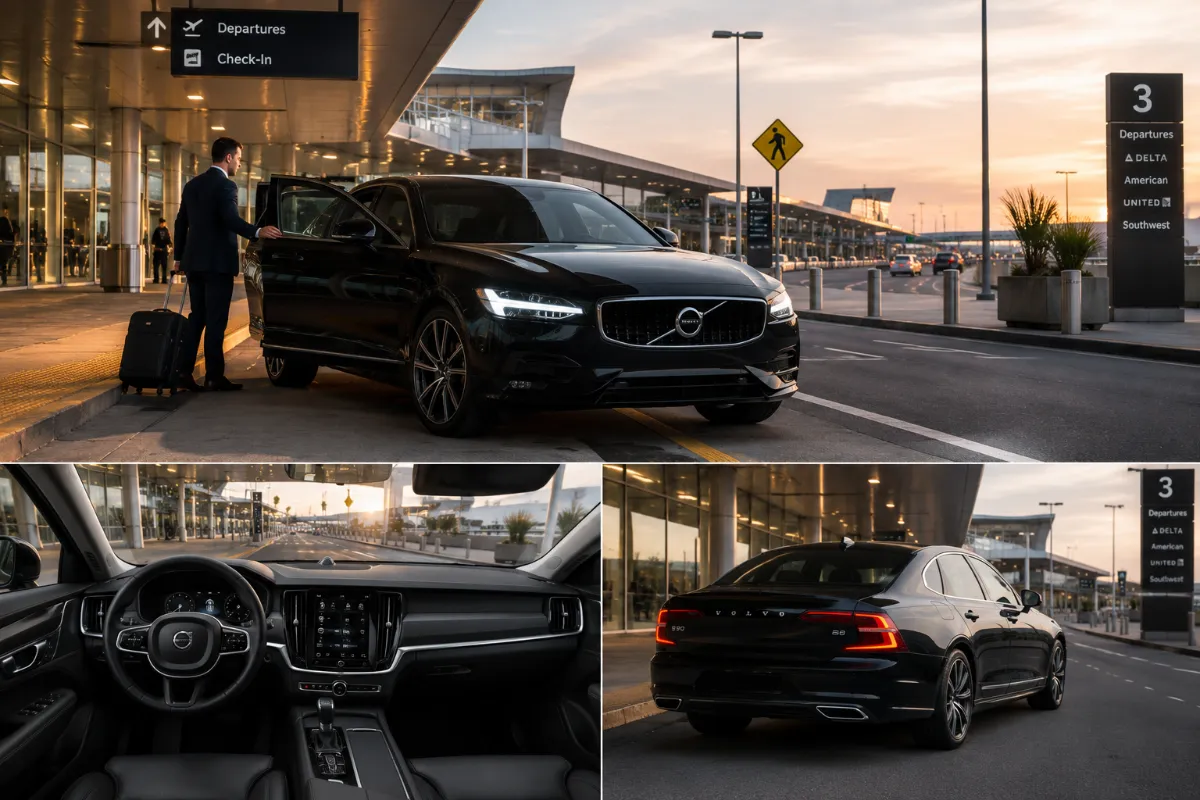 Black luxury sedan at an airport departures curb while the chauffeur loads luggage, with interior and rear views