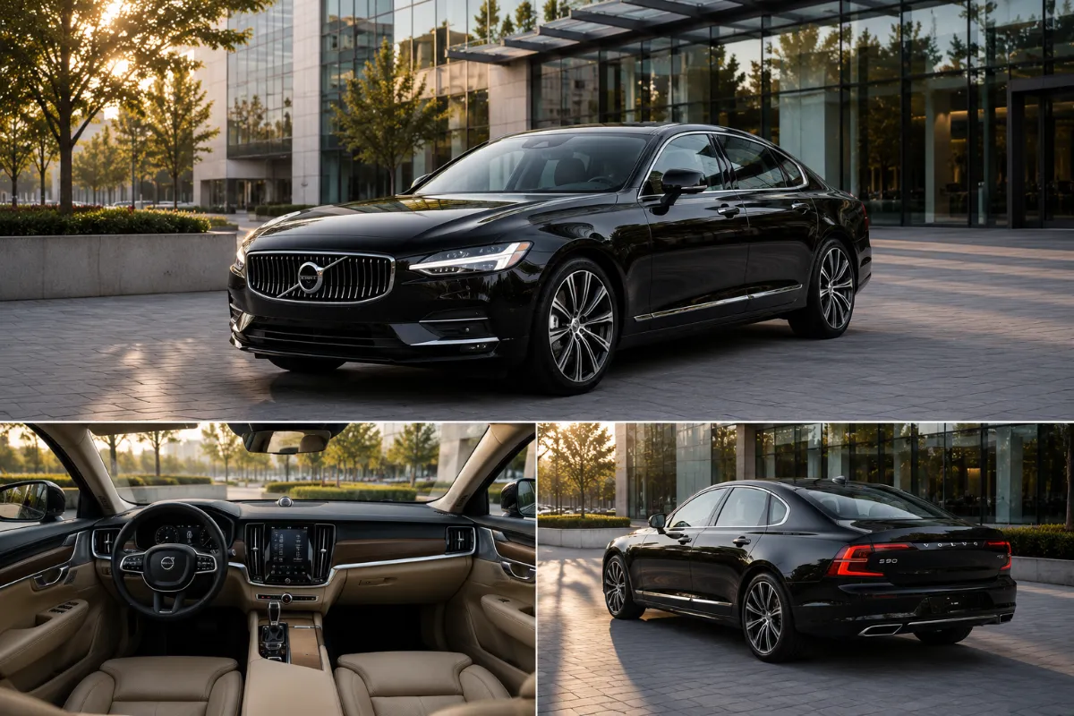 Black luxury sedan outside an office building with views of its leather interior and rear