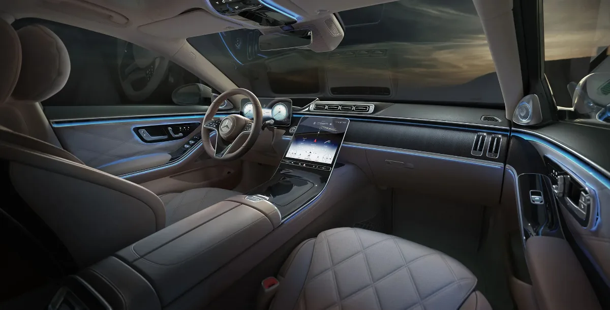 Mercedes-Maybach interior with quilted leather seats and ambient lighting