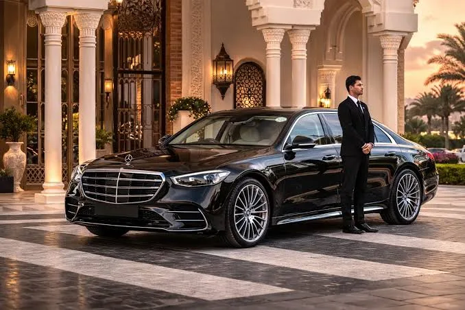 Black Mercedes S-Class with a chauffeur waiting at a hotel entrance