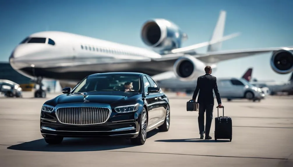 Black Mercedes S-Class beside a private jet for an FBO airport transfer