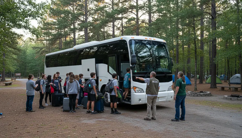 Students gathered beside a white motor coach on a school field trip