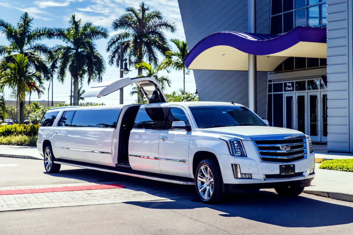 White Cadillac Escalade stretch limousine parked by palm trees