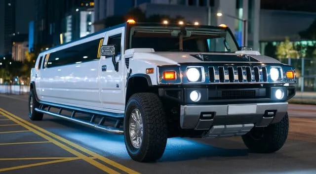 White Hummer H2 stretch limo with its lights on in the city at night